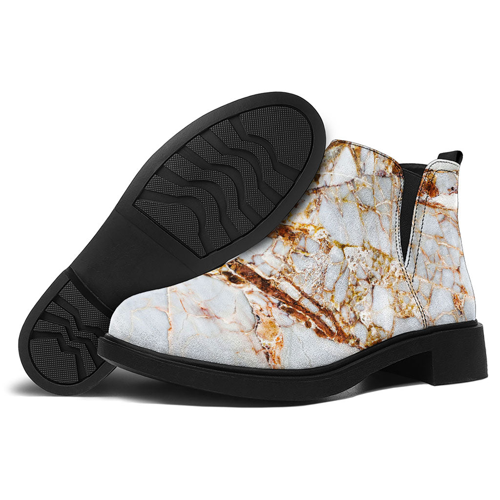 White Gold Grunge Marble Print Flat Ankle Boots