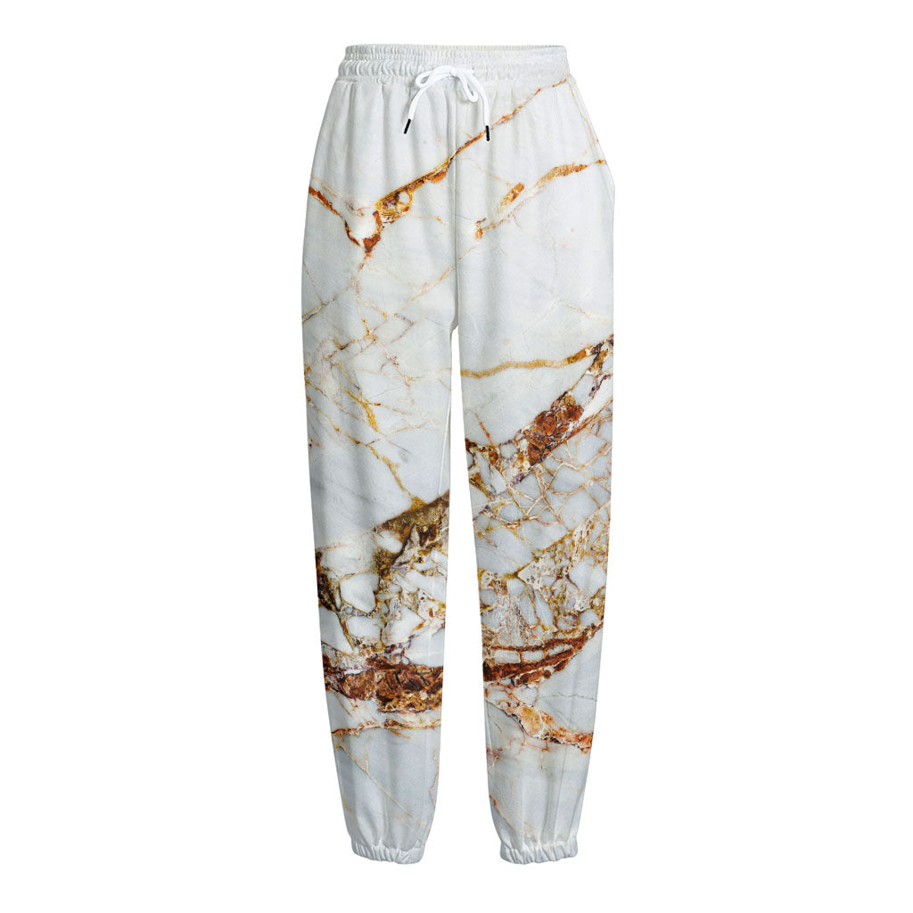 White Gold Grunge Marble Print Fleece Lined Knit Pants