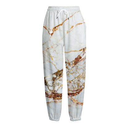 White Gold Grunge Marble Print Fleece Lined Knit Pants