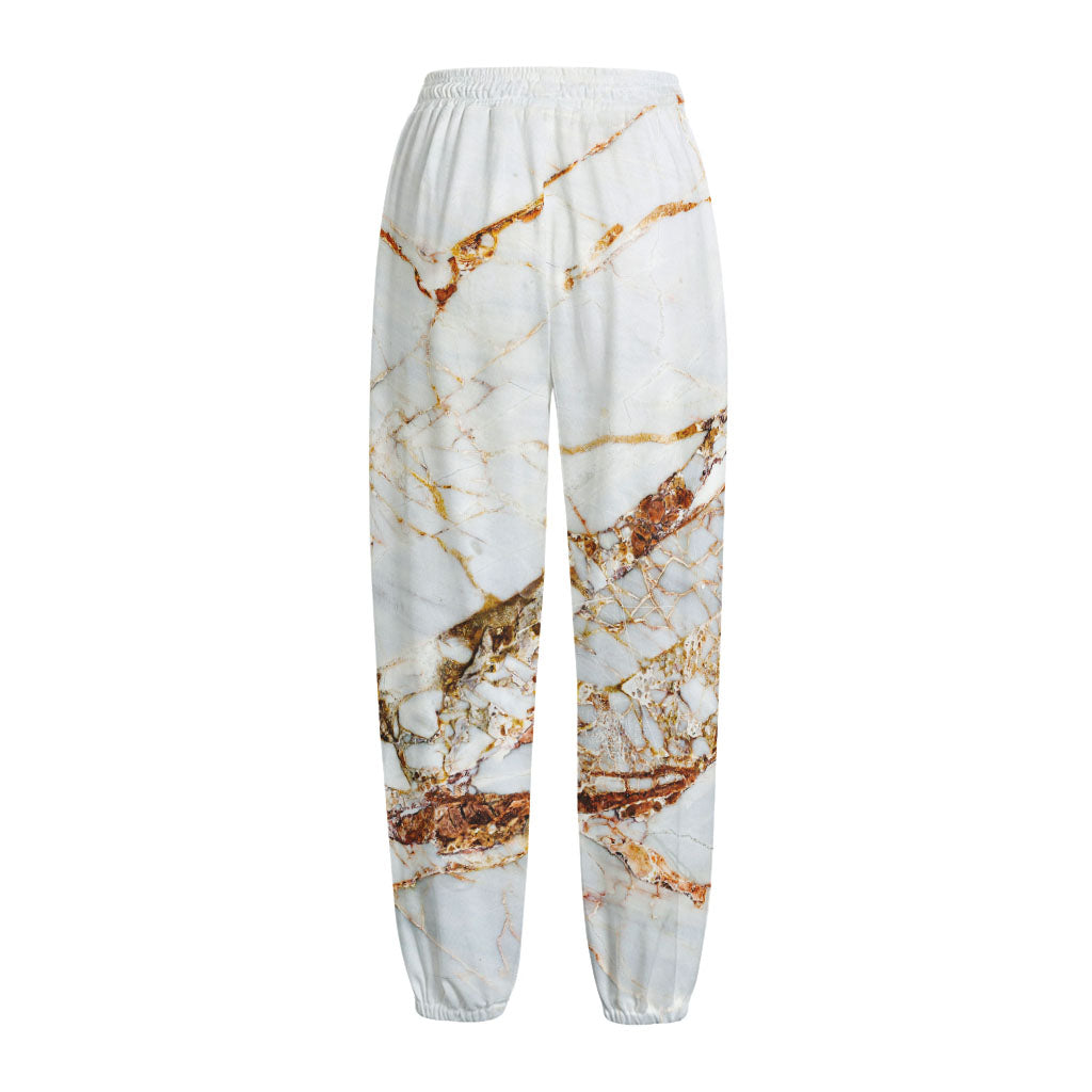 White Gold Grunge Marble Print Fleece Lined Knit Pants