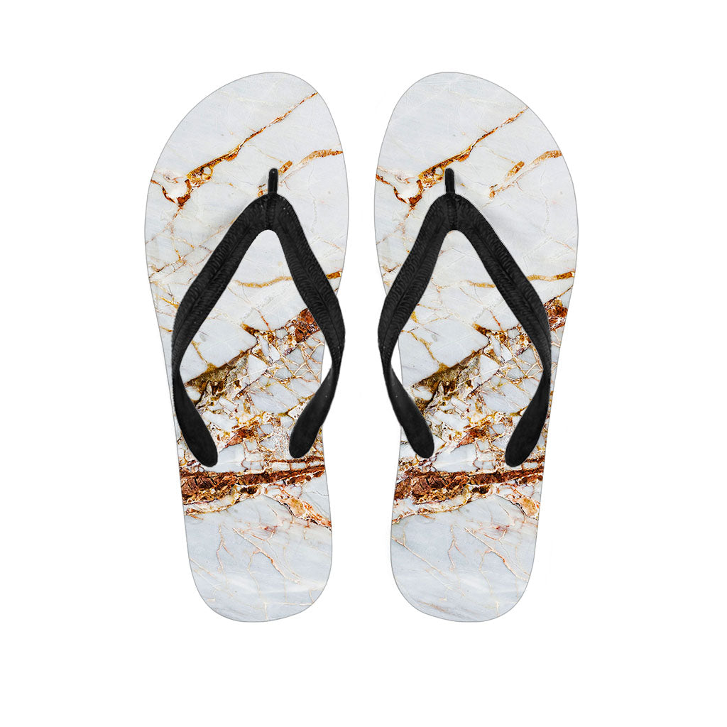 White Gold Grunge Marble Print Flip Flops