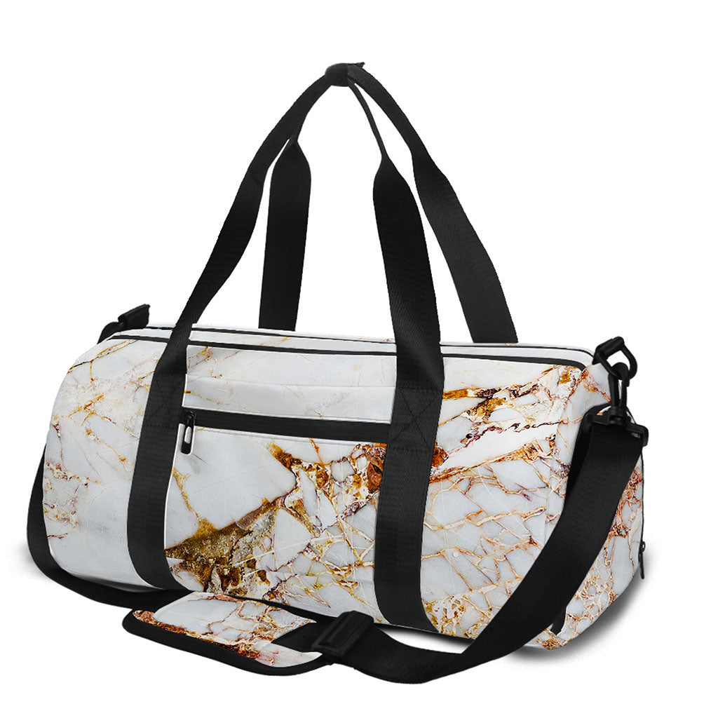 White Gold Grunge Marble Print Gym Bag