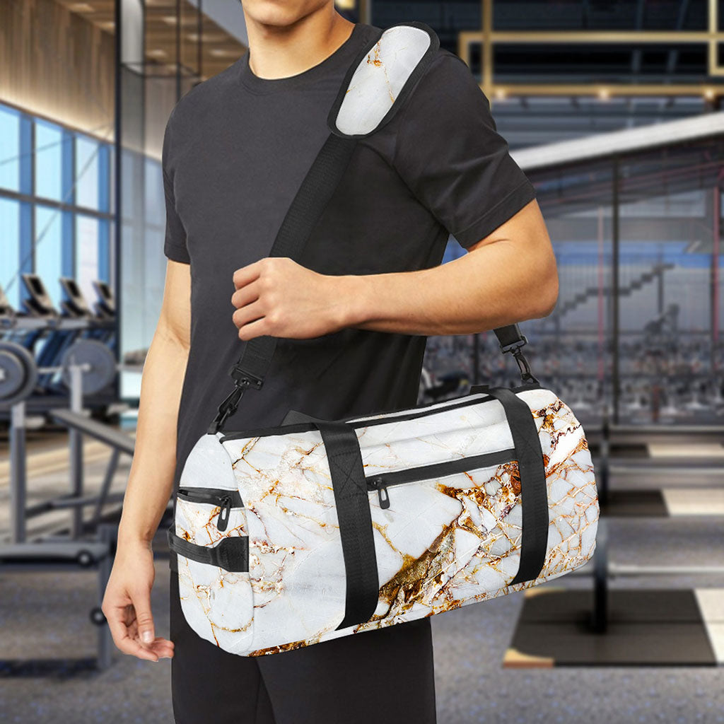 White Gold Grunge Marble Print Gym Bag