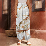 White Gold Grunge Marble Print Harem Pants