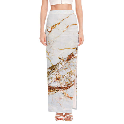 White Gold Grunge Marble Print High Slit Maxi Skirt
