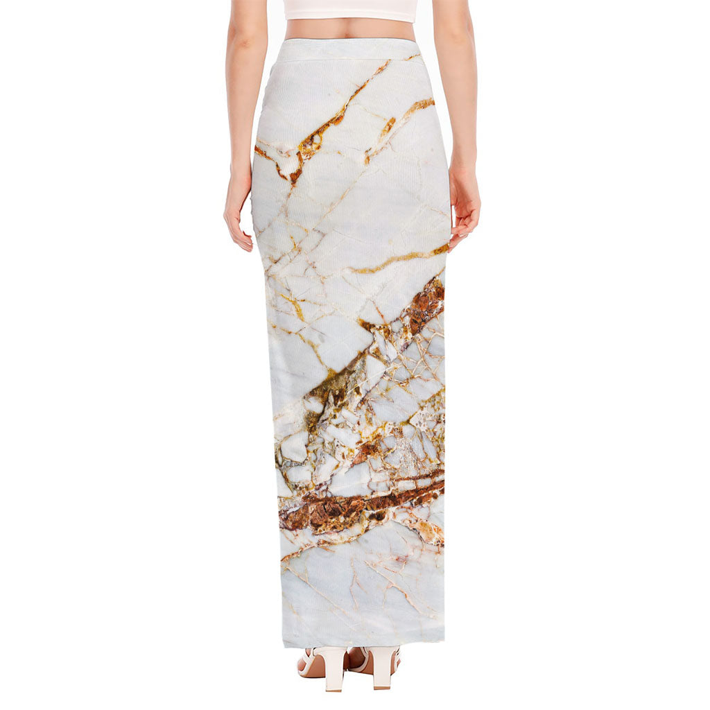 White Gold Grunge Marble Print High Slit Maxi Skirt
