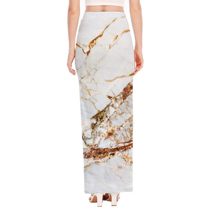 White Gold Grunge Marble Print High Slit Maxi Skirt