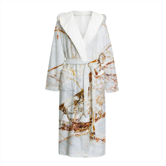 White Gold Grunge Marble Print Hooded Bathrobe