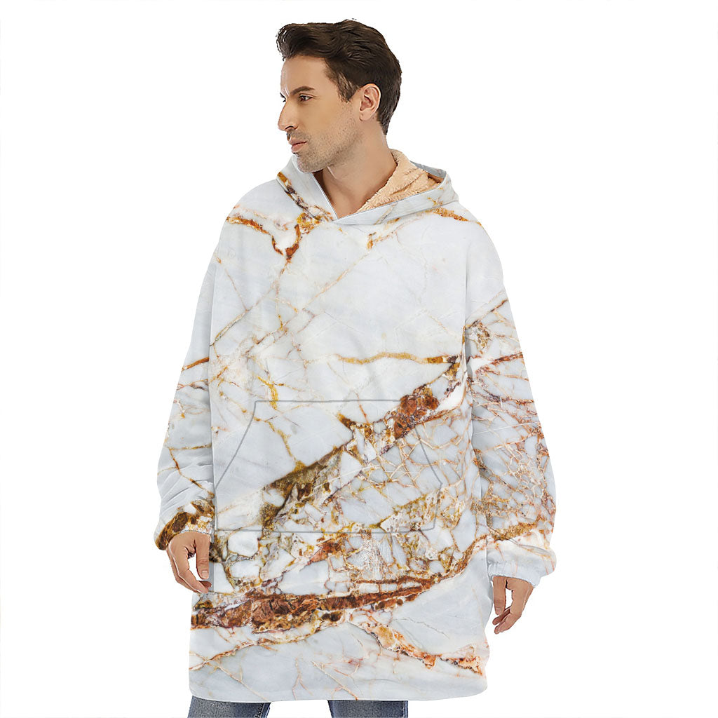 White Gold Grunge Marble Print Hoodie Blanket