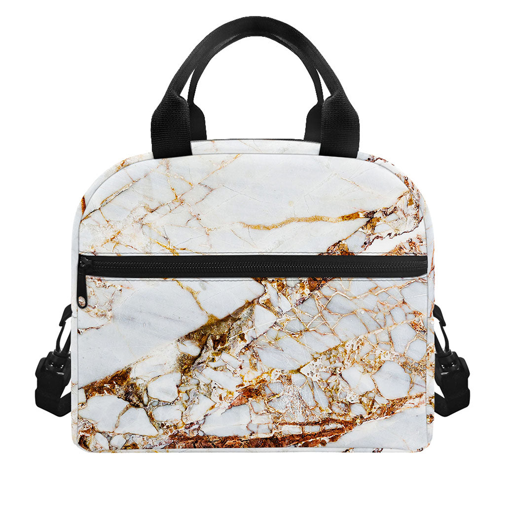 White Gold Grunge Marble Print Insulated Lunch Bag