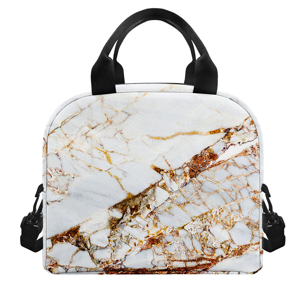 White Gold Grunge Marble Print Insulated Lunch Bag