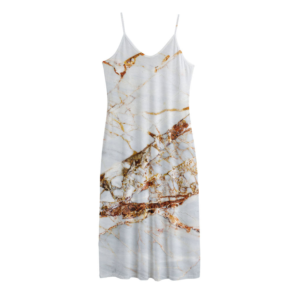 White Gold Grunge Marble Print Jersey Midi Cami Dress