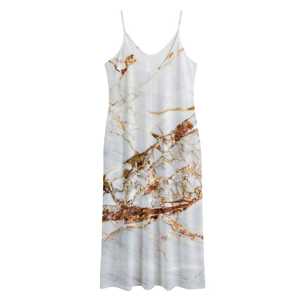 White Gold Grunge Marble Print Jersey Midi Cami Dress