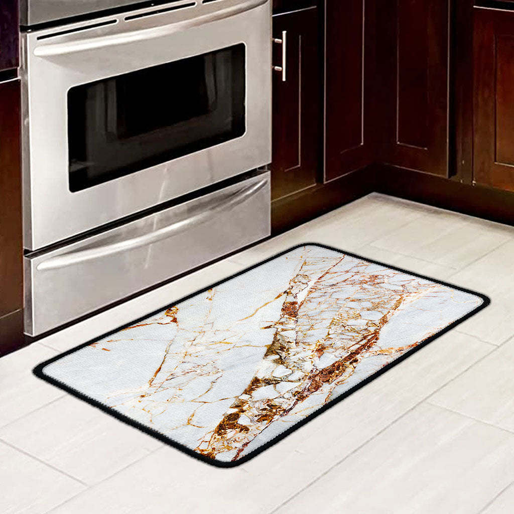 White Gold Grunge Marble Print Kitchen Mat