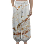 White Gold Grunge Marble Print Lantern Pants