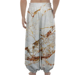 White Gold Grunge Marble Print Lantern Pants
