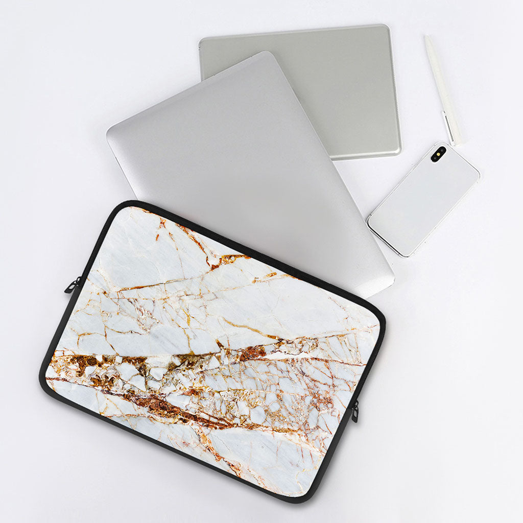 White Gold Grunge Marble Print Laptop Sleeve