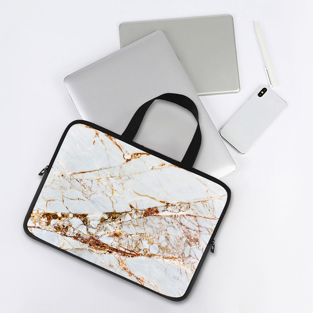 White Gold Grunge Marble Print Laptop Sleeve With Handle