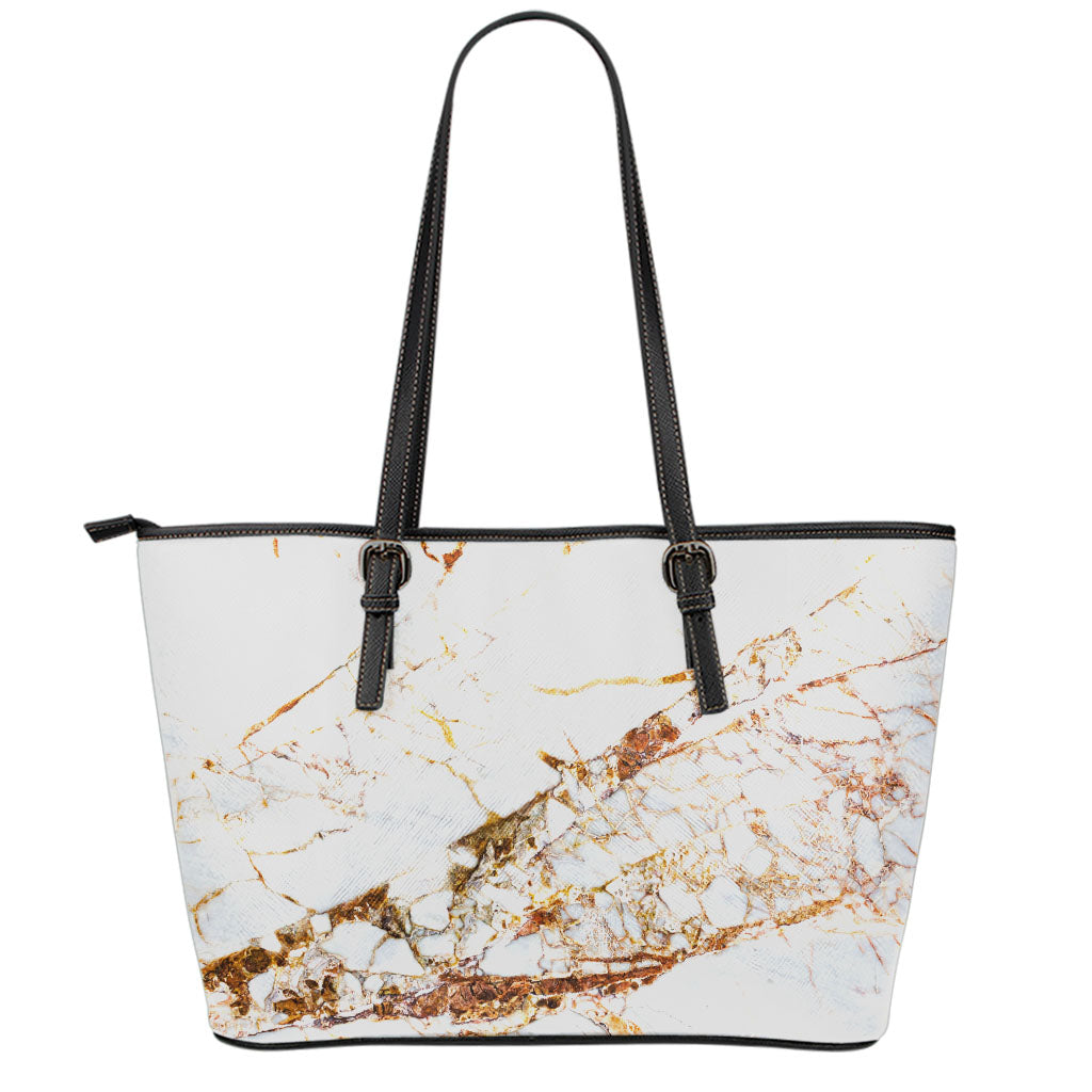 White Gold Grunge Marble Print Leather Tote Bag