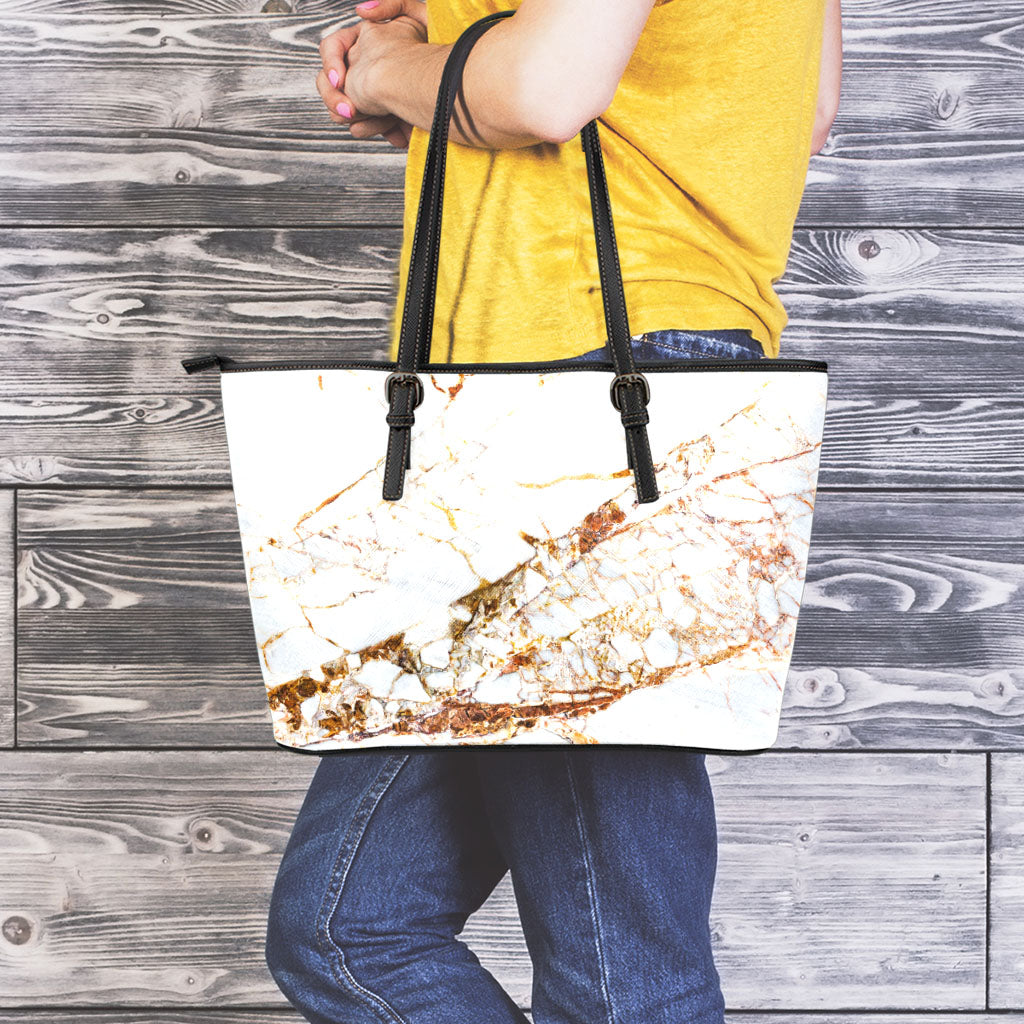 White Gold Grunge Marble Print Leather Tote Bag
