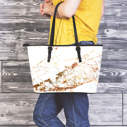 White Gold Grunge Marble Print Leather Tote Bag