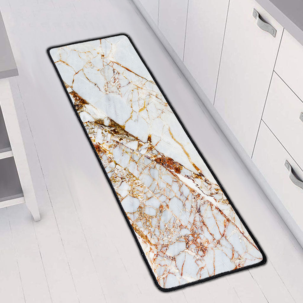 White Gold Grunge Marble Print Long Kitchen Mat
