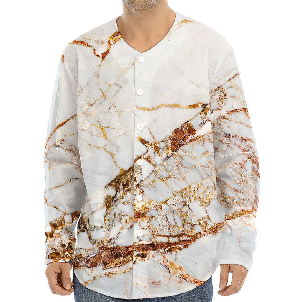 White Gold Grunge Marble Print Long Sleeve Baseball Jersey