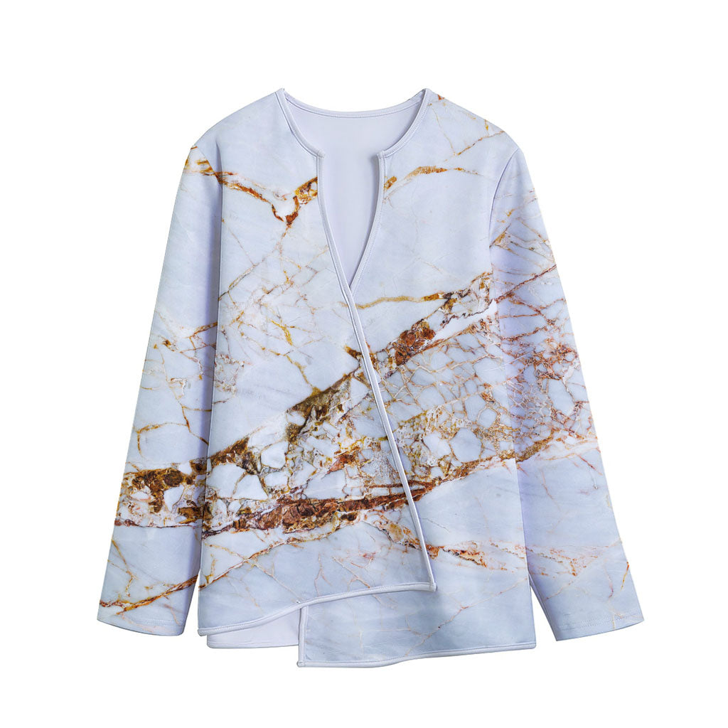 White Gold Grunge Marble Print Long Sleeve Short Coat