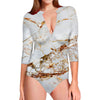 White Gold Grunge Marble Print Long Sleeve Swimsuit