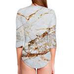 White Gold Grunge Marble Print Long Sleeve Swimsuit