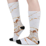 White Gold Grunge Marble Print Long Socks