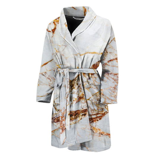White Gold Grunge Marble Print Men's Bathrobe