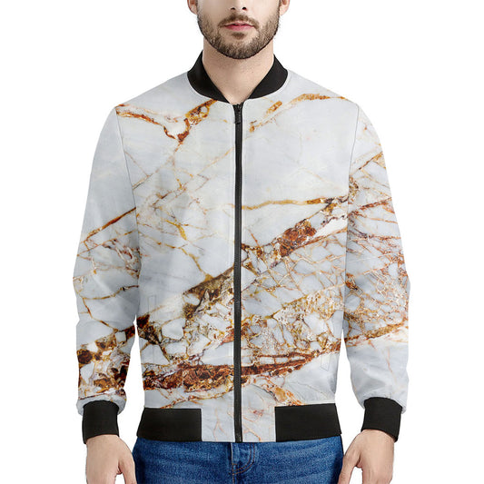 White Gold Grunge Marble Print Men's Bomber Jacket