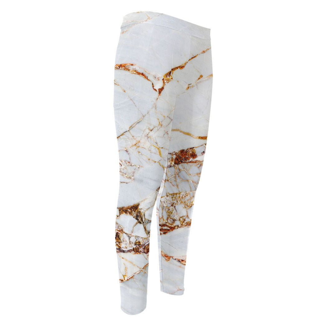 White Gold Grunge Marble Print Men's Compression Pants