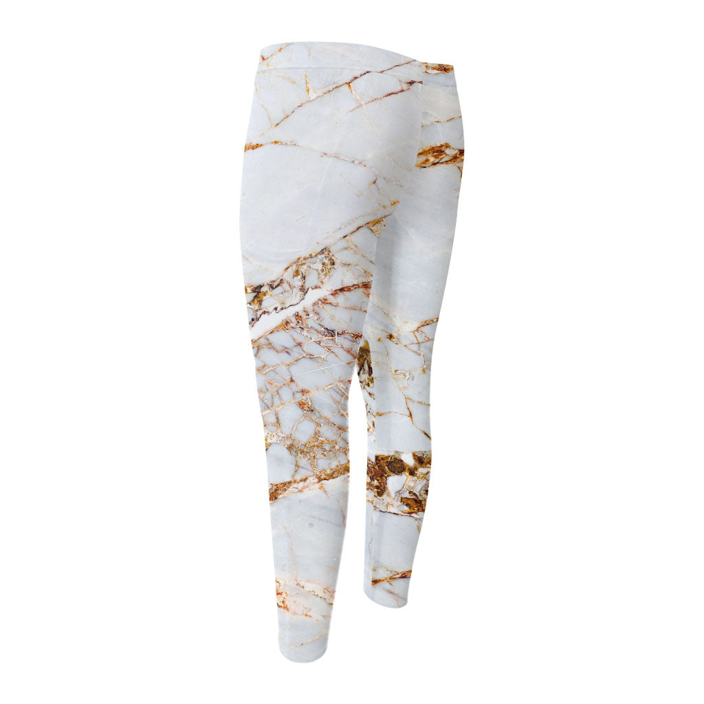 White Gold Grunge Marble Print Men's Compression Pants