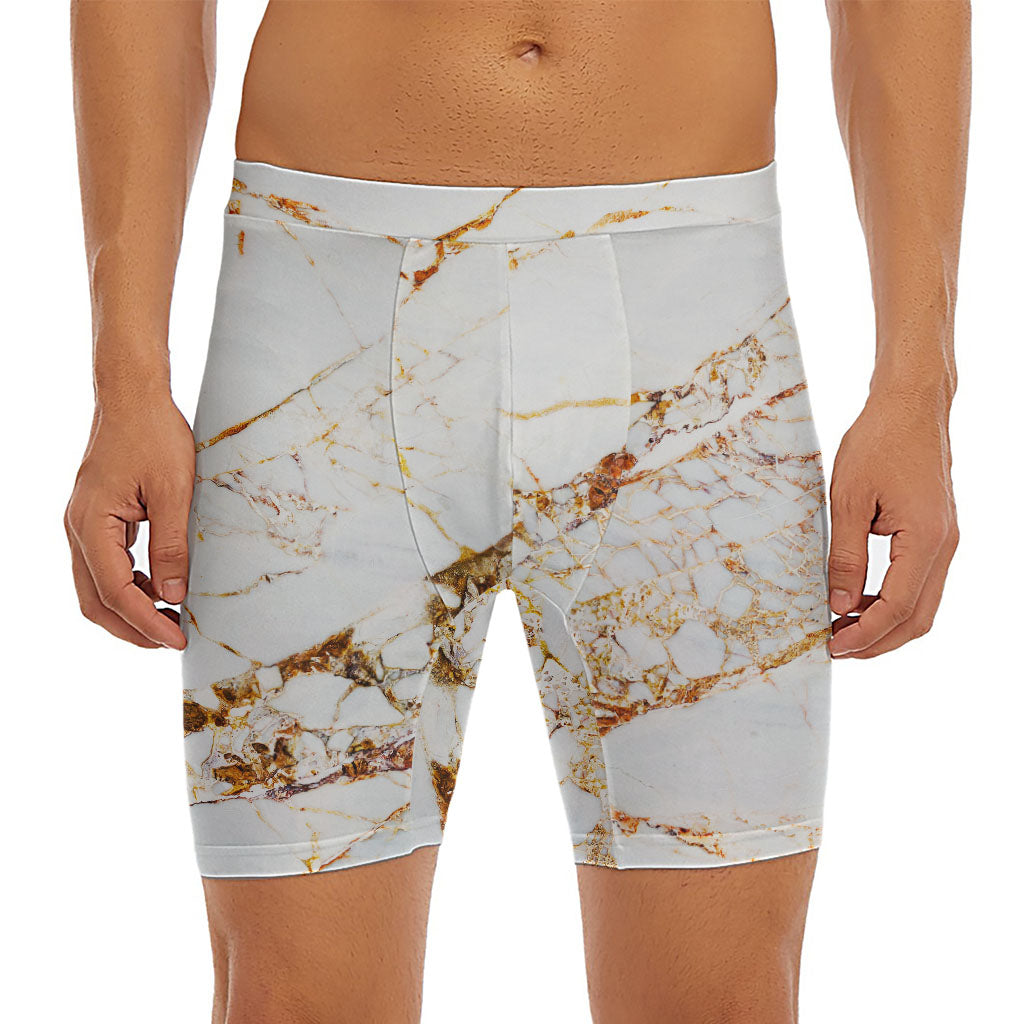 White Gold Grunge Marble Print Men's Long Boxer Briefs
