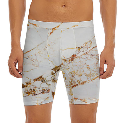 White Gold Grunge Marble Print Men's Long Boxer Briefs