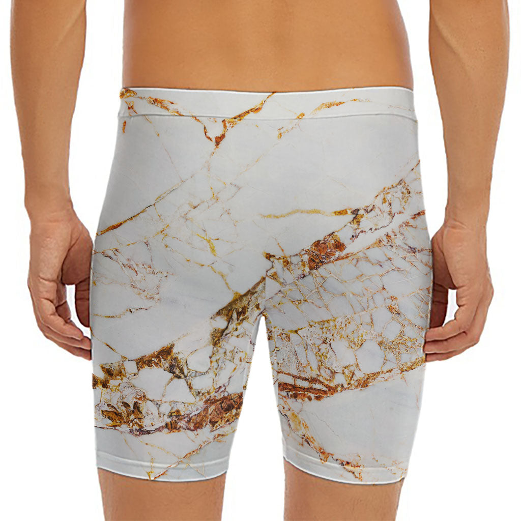 White Gold Grunge Marble Print Men's Long Boxer Briefs
