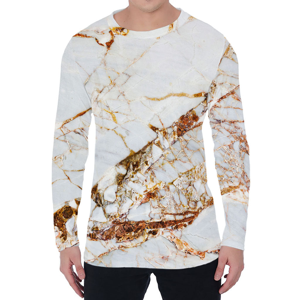 White Gold Grunge Marble Print Men's Long Sleeve T-Shirt