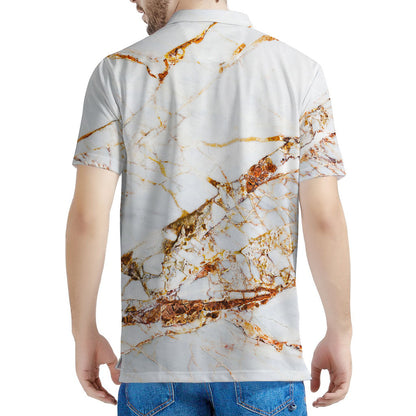 White Gold Grunge Marble Print Men's Polo Shirt