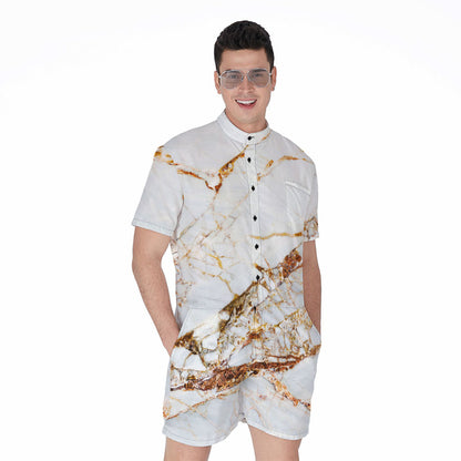 White Gold Grunge Marble Print Men's Rompers