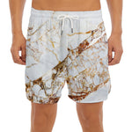 White Gold Grunge Marble Print Men's Split Running Shorts