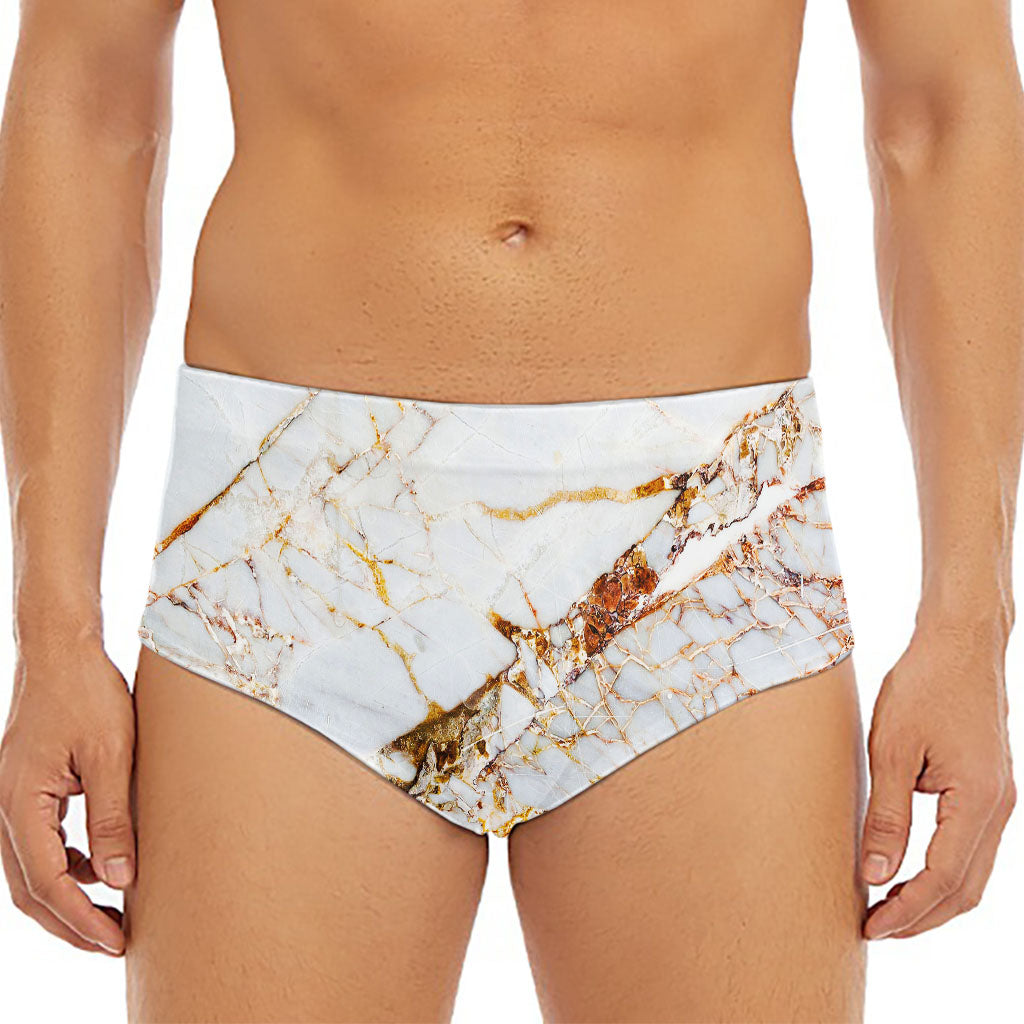 White Gold Grunge Marble Print Men's Triangle Swim Briefs