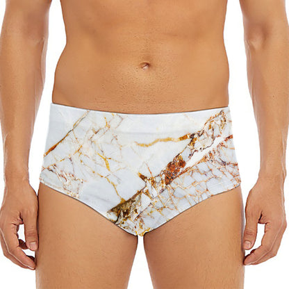 White Gold Grunge Marble Print Men's Triangle Swim Briefs