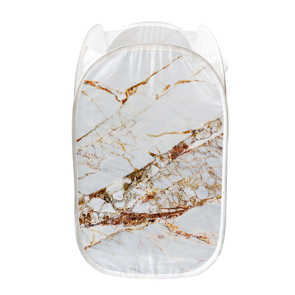 White Gold Grunge Marble Print Mesh Laundry Hamper