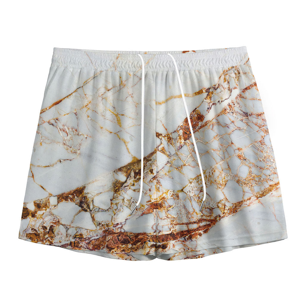 White Gold Grunge Marble Print Mesh Shorts