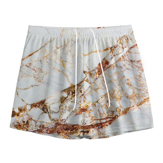 White Gold Grunge Marble Print Mesh Shorts