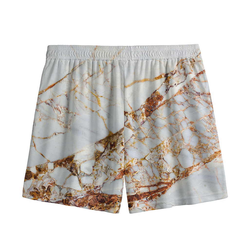 White Gold Grunge Marble Print Mesh Shorts