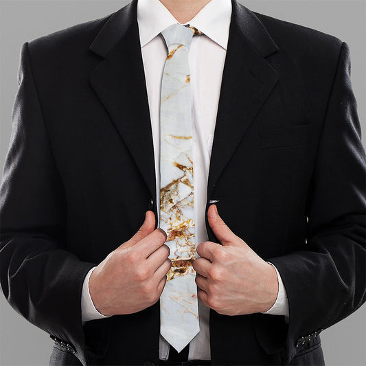 White Gold Grunge Marble Print Necktie