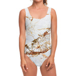 White Gold Grunge Marble Print One Piece Swimsuit